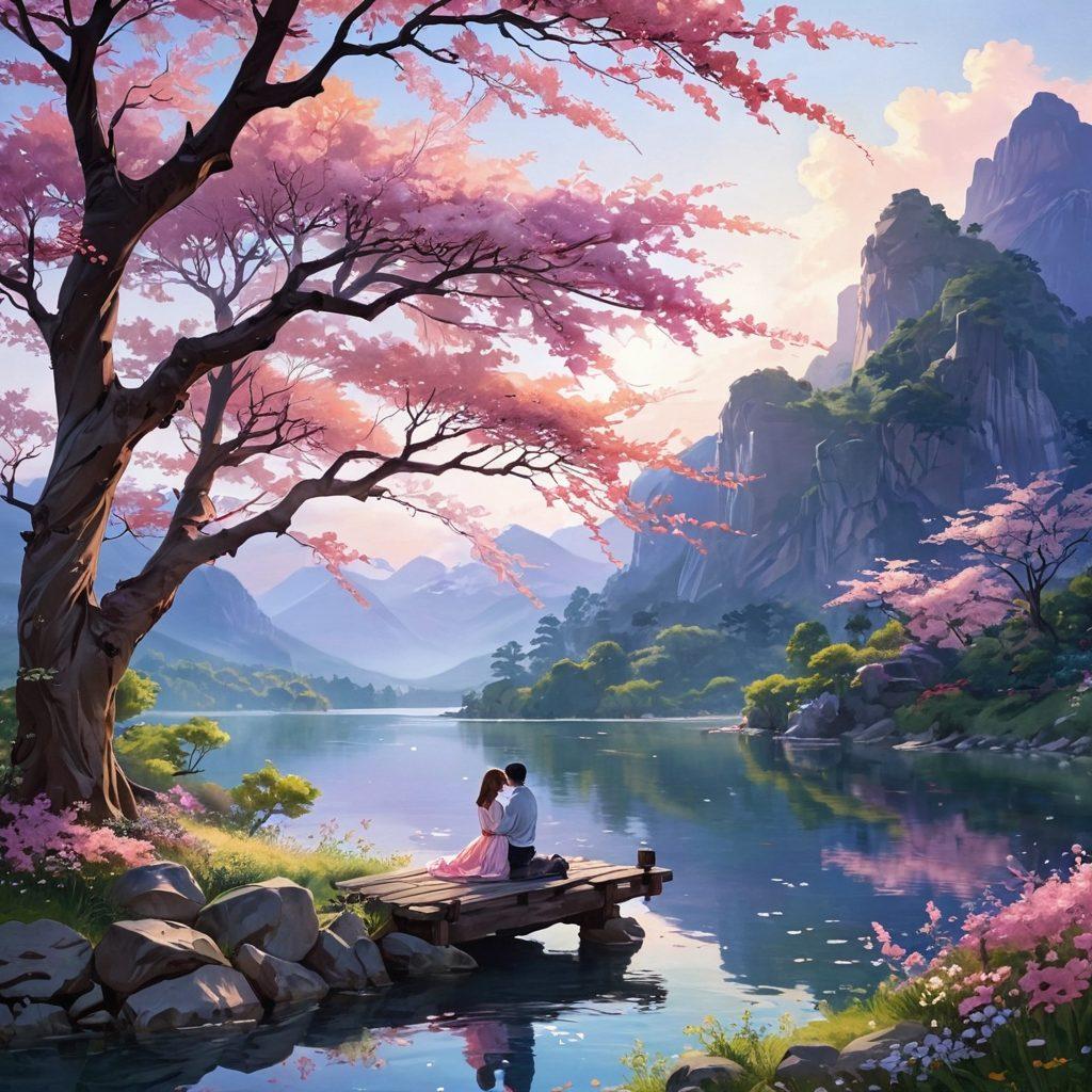 A serene, dreamlike landscape combining elements of anime with soft, flowing lines and vibrant colors. Showcase a couple in a tender embrace under a blossom-filled tree, with gentle light filtering through the petals. Add subtle hints of eroticism through their expressions and the atmosphere, while maintaining a sense of emotional depth and tenderness. The background should include ethereal mountains and a tranquil river to enhance the romantic setting. painterly style, vibrant colors, dreamy ambience.