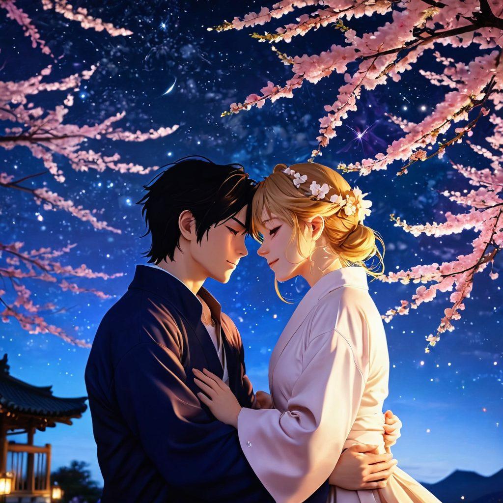 A captivating scene featuring two anime characters intertwined in a passionate embrace, surrounded by swirling cherry blossom petals that symbolize romance. The background features a dreamy night sky dotted with stars, enhancing the sense of longing and desire. The characters exude vibrant emotions, one showing a gentle smile while the other gazes intensely into their eyes. Emphasize the use of rich colors and soft lighting to evoke warmth and intimacy. super-realistic. vibrant colors. dreamy atmosphere.