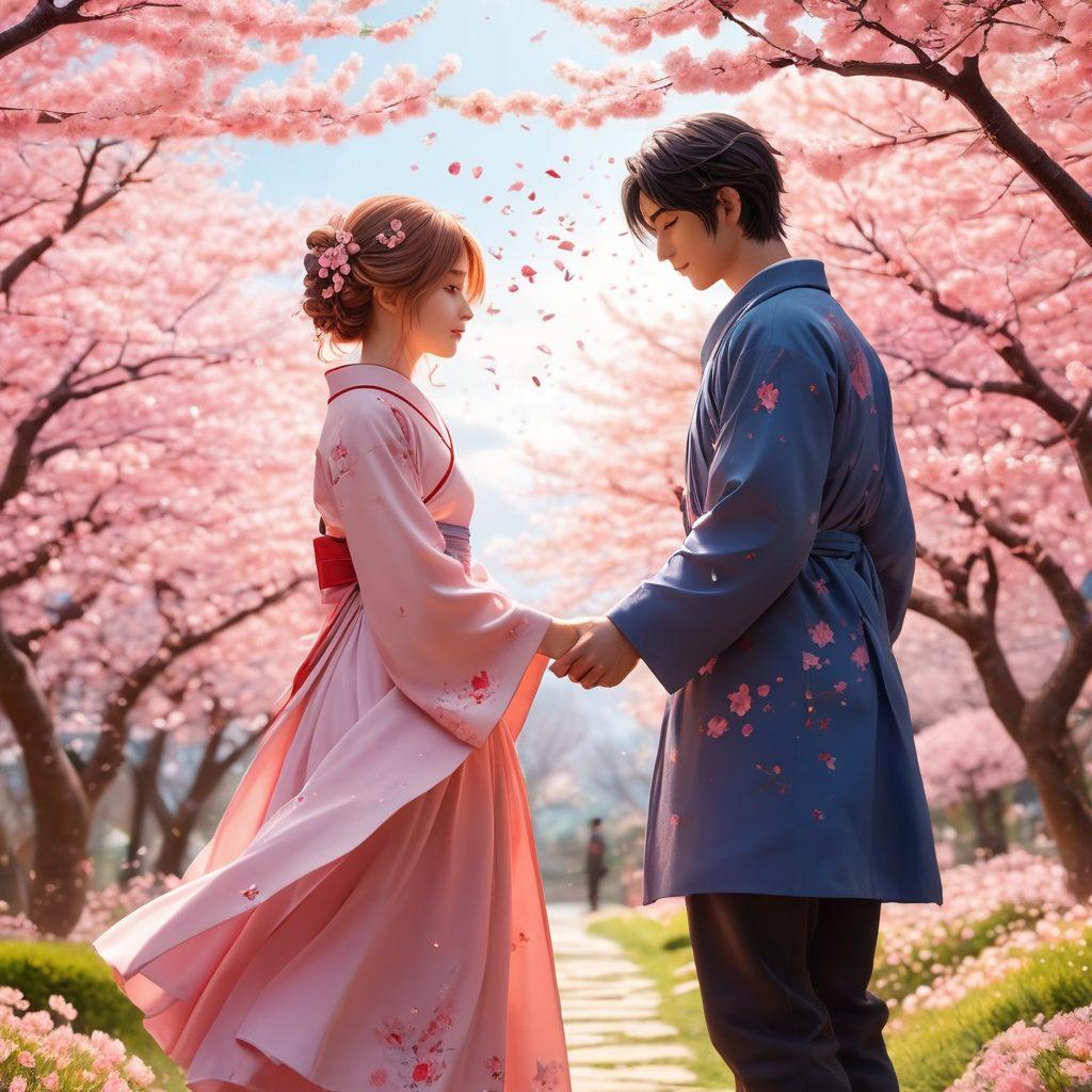 A beautifully illustrated scene depicting a romantic moment between two anime characters in a cherry blossom garden, with petals gently falling around them. The characters are styled in vibrant, expressive poses, showcasing emotional depth and connection, surrounded by colorful manga panels and flowing lines that symbolize love. Soft pastel colors fill the background, enhancing the dreamy atmosphere. super-realistic. vibrant colors. 3D.